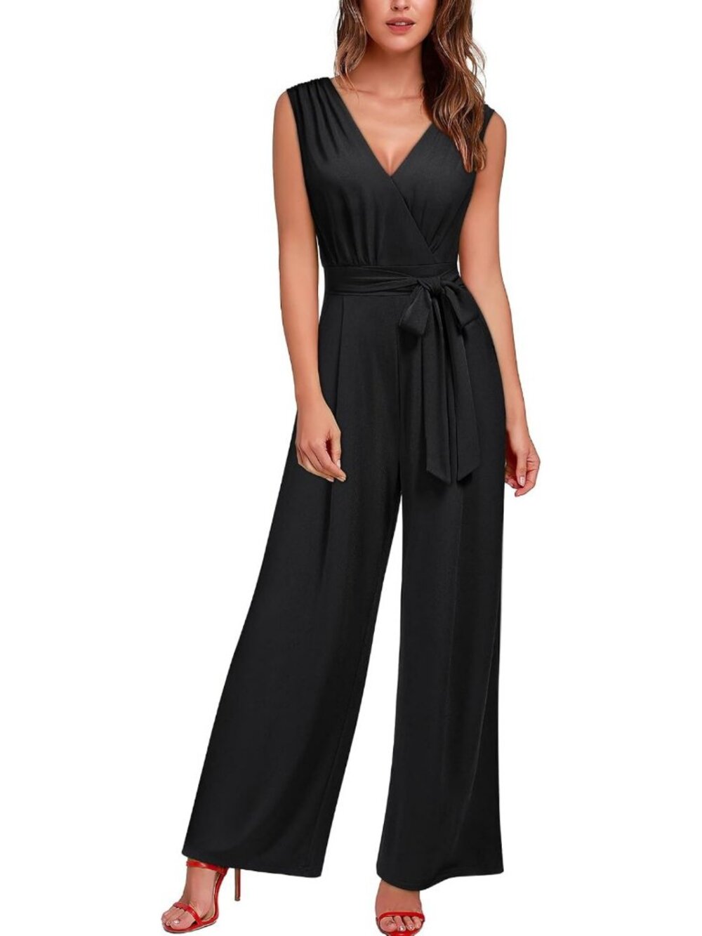 Chic Women's Sleeveless Deep V Neck Wide Leg Jumpsuit with Belt - Perfect for